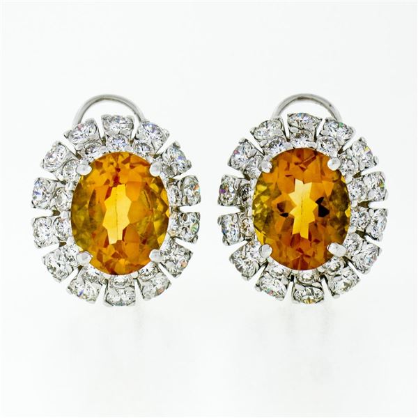 FINE 18K White Gold 7.80 ctw Oval Citrine & Brilliant Diamond Double Halo Earrin