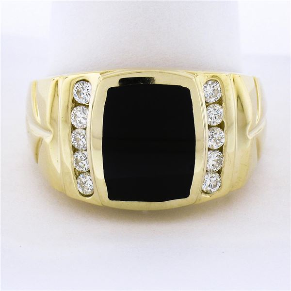 Mens 14K Gold .35 ctw Inlaid Black Onyx w/ Diamond Channel Polished Wide Band Ri