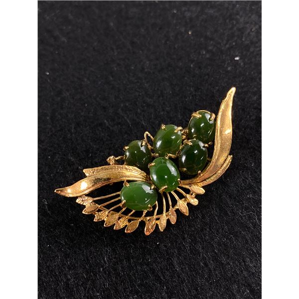 Vintage Gold Filled with Genuine Dark Green BC Jade Stones Brooch