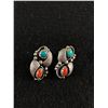 Image 1 : Pair of Vintage Sterling Silver with Turquoise & Red Coral Stones American Native Navajo Earrings