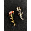 Image 2 : 2 Lovely Flower Pins/Brooches. 1 Enameled and 1 with Rhinestones