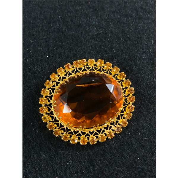 Vintage Oval Open Back Gold Crystal Ornate Pin/Brooch