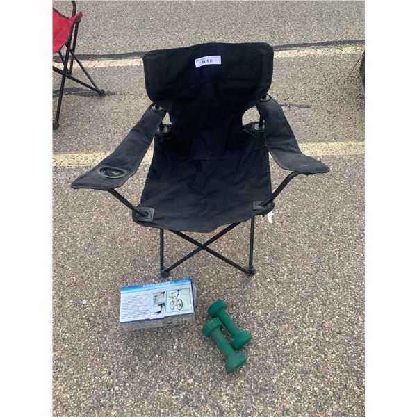 Black Outdoor Folding Chair, 5 Pound Dumb Bells & 45 lb Bicycle Lift