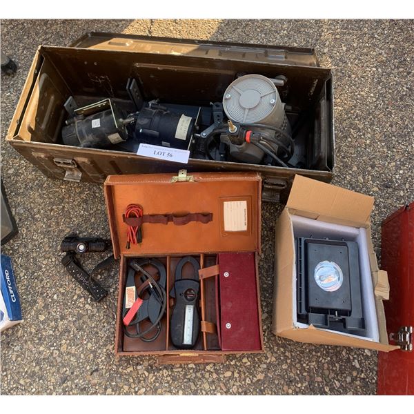 1 Vintage Footlocker w Small Compressor & 2 Air Activators for Doors or Louvers, Amprobe Test-Master