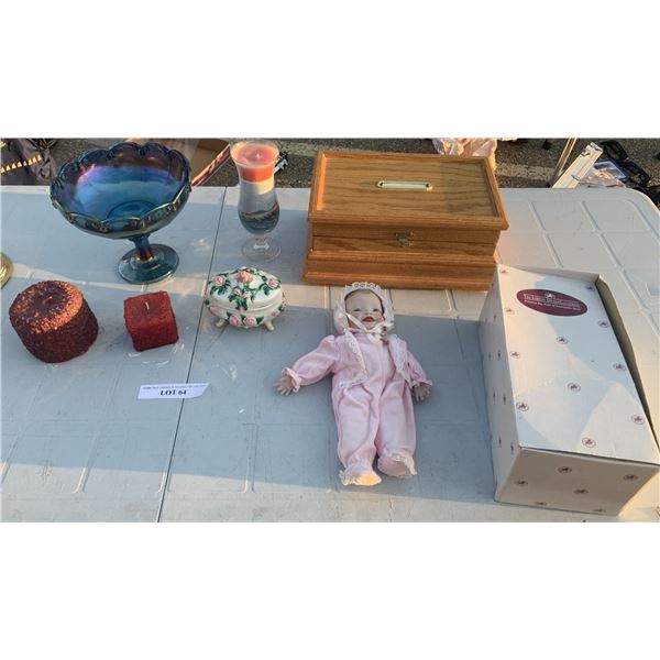 Carnival Glass Pedestal Bowl, Floral Trinket Dish, Felt Lined Box, Ashton-Drake Baby Doll, Assorted 