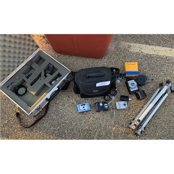 3 Digital Cameras, 1 Trail Cam, Metal Briefcase, and Assorted Camera Gear