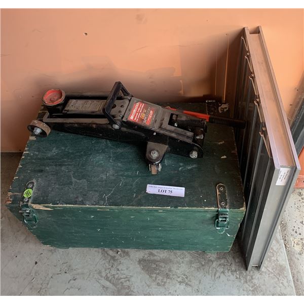MotoMaster 2 Ton Jack, Small Aluminum Stage, Crate of Assorted Bits and Tools