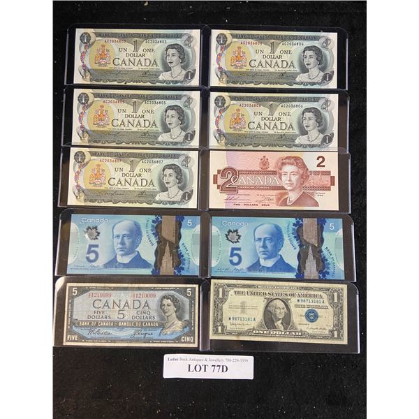 1957B US Blue Seal $1 Silver Certificate, 1973 Cdn $1 Bills, 1986 $2 Bill, 1954 & 1913 $5 Bills