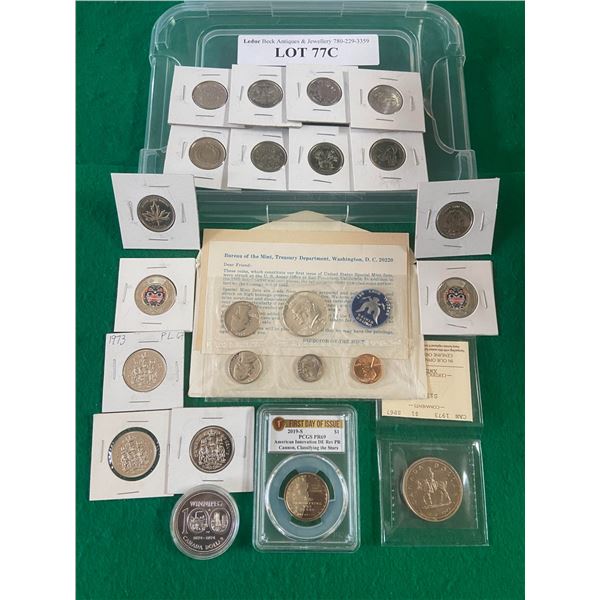 1965 Kennedy Proof Set, 2019-S $1 US Innov Coin, 73 RCMP & 74 WPG Silver $1, Cdn 25 & 50 Cent