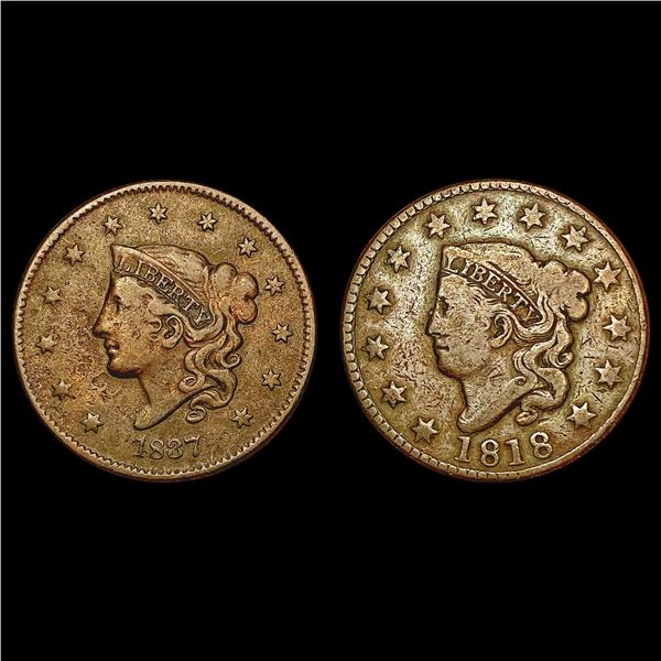 1818, 1837 US Large Cent Collection [2 Coins] LIGHTLY CIRCULATED