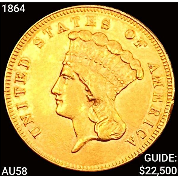 1864 $3 Gold Piece CHOICE AU