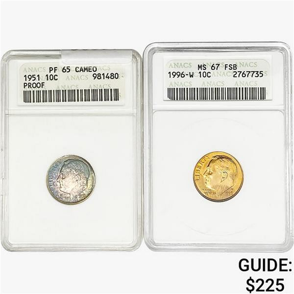 [2]1951/1996-W Roosevelt Dime ANACS PF/MS65-67