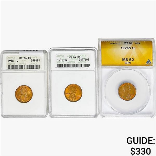 [3]1918-1929 Wheat Cent PCGS/ANACS MS62-64 RB/BRN