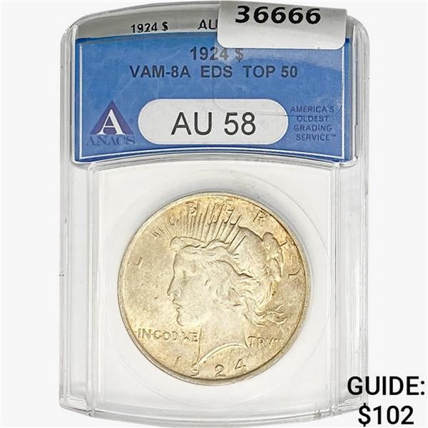 1924 Silver Peace Dollar ANACS AU58 VAM-8A EDS