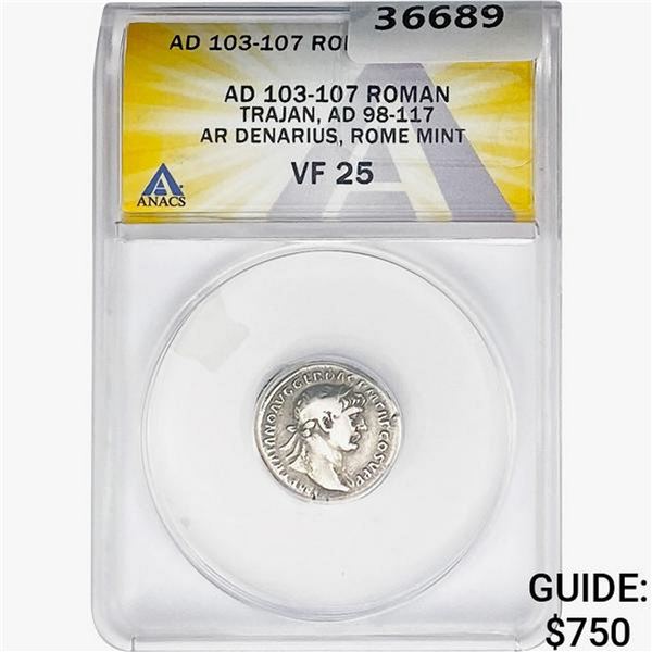 AD 103-107 Roman Trajan, AR Denarius ANACS VF25