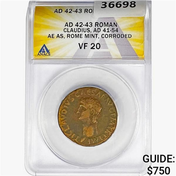 AD 42-43 Roman Claudis, Rome Mint ANACS VF20