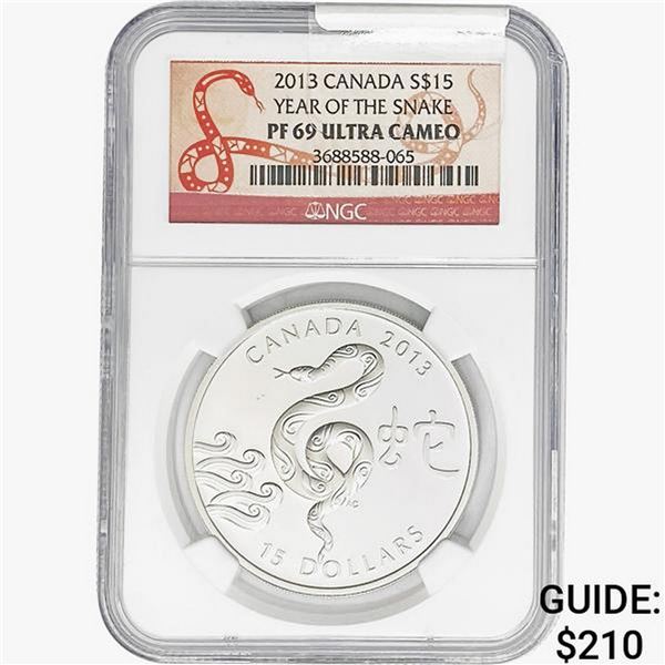 2013 1oz Silver Canada $15-Snake NGC PF69 UC