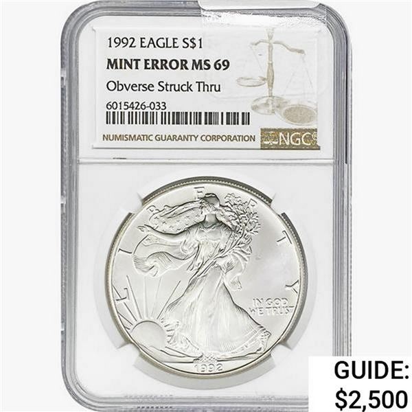 1992 Silver Eagle NGC MS69 OBV Struck Thru Mint Error
