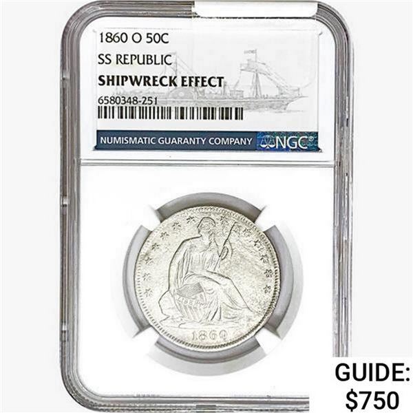 1860-O Seated Lib. 50C NGC Shipwreck Effect SS REP.