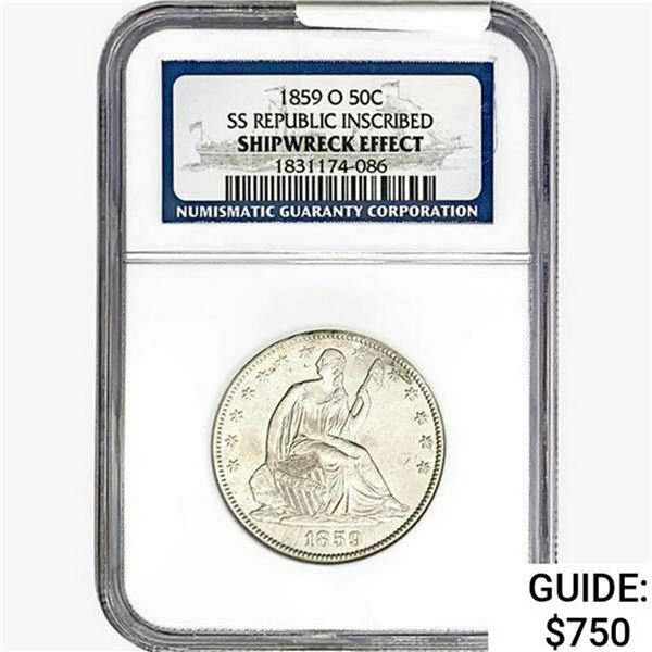1859-O Seated Lib. 50C NGC Shipwreck Effect SS REP. Inscribed