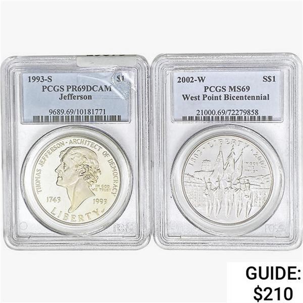 [2] 1993-S & 2002-W S$1 Jefferson/West Point PCGS PR/MS69