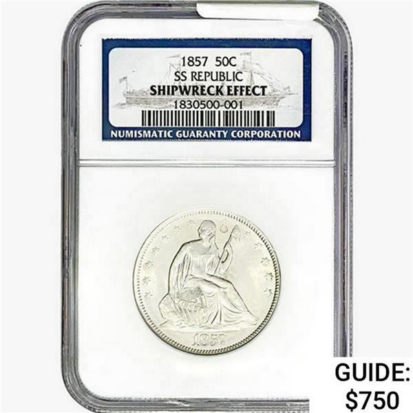 1857 Seated Lib. 50C NGC Shipwreck Effect SS REP.