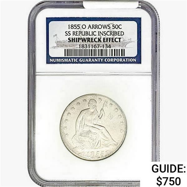 1855-O Seated Lib. 50C NGC Shipwreck Effect SS REP. ARWS Inscribed