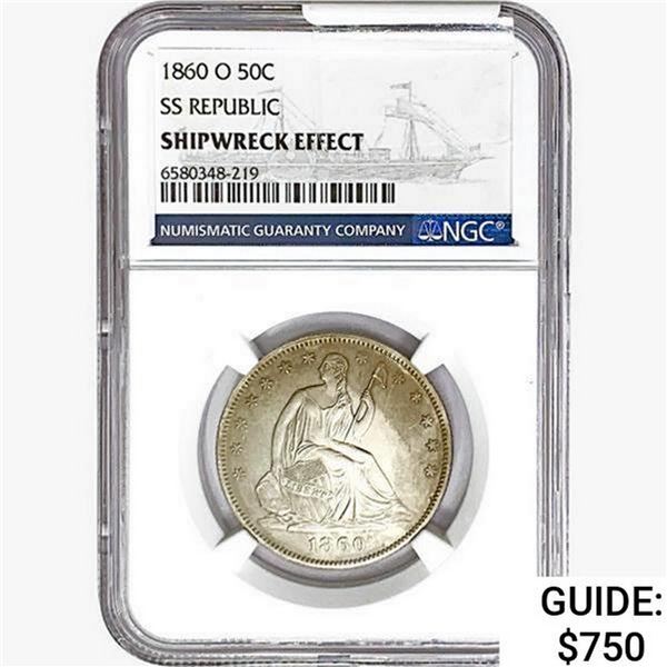 1860-O Seated Lib. 50C NGC Shipwreck Effect SS REP.