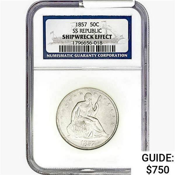 1857 Seated Lib. 50C NGC Shipwreck Effect SS REP.