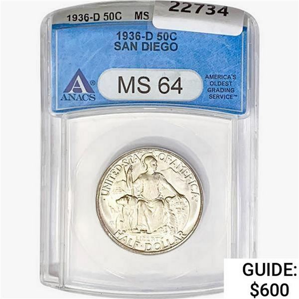 1936-D San Diego Half Dollar ANACS MS64