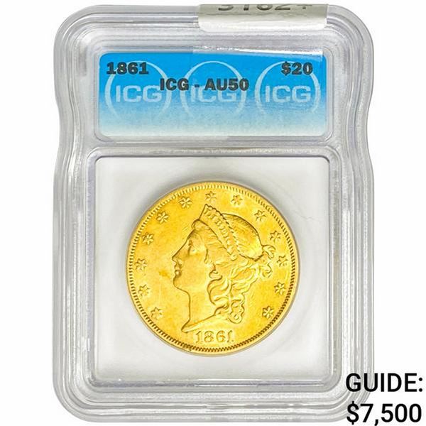 1861 $20 Gold Double Eagle ICG AU50