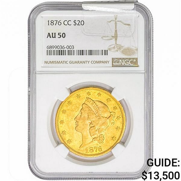 1876-CC $20 Gold Double Eagle NGC AU50