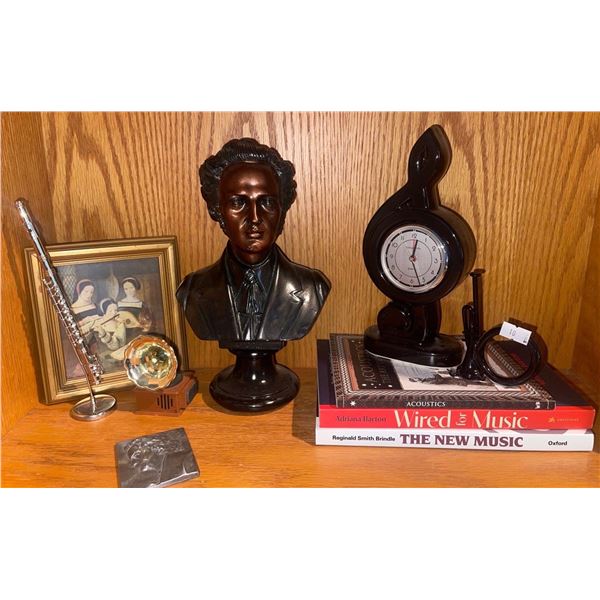 "Chopin " Figurine 10T w/ Music Note Clock Mini Trumpet Flute & More