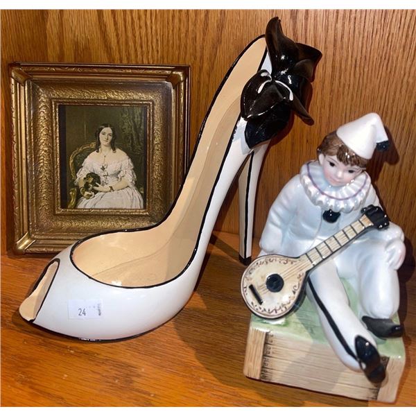 Spinning Clown Music Box w/ Antique Picture & Ceramic Shoe