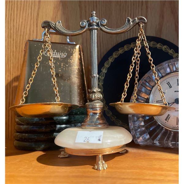 Antique Miniature Scales w/ Table Clock Stone Coasters Bell & More