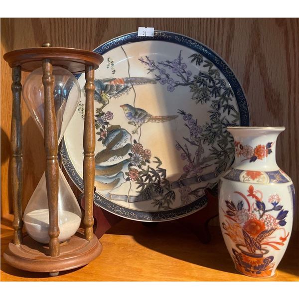 Zodiac Hour Glass w/ Decorative Blue Bird Plate & Porcelain Vase