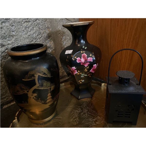 Decorative Brass Tray 17L w/ Asain Vases & More