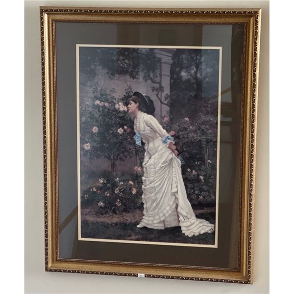 36x41 Vintage Art Print A Girl Stopping to Smell The Roses