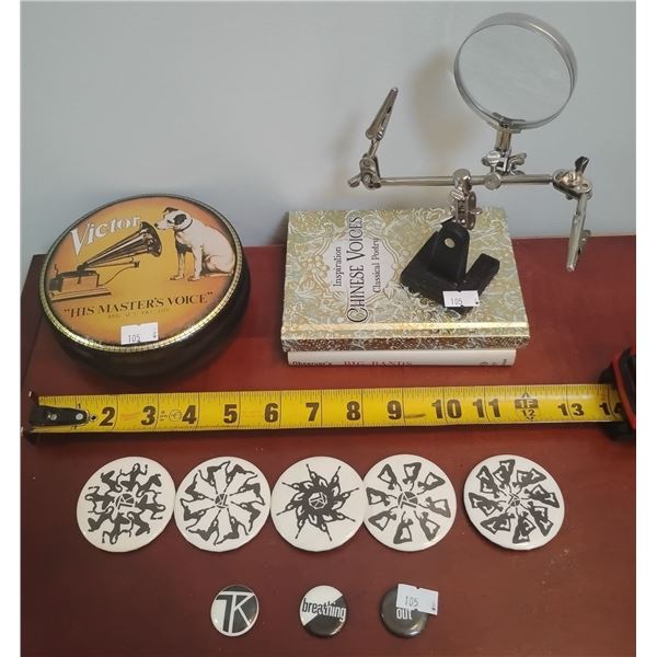 Magnification Apparatus on Stand w/ Vintage Tin & Pin/ Button Collection