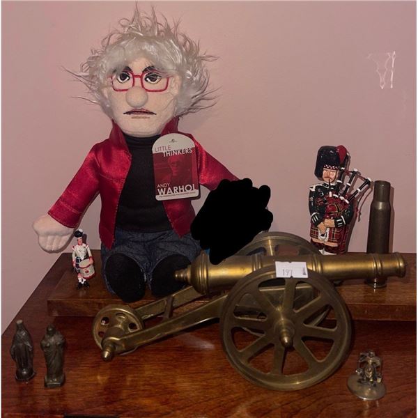 Andy Warhol Stuffie w/ Brass Decorative Cannon & More