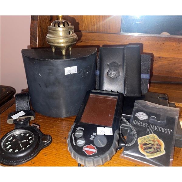 Assorted Harley Davidson Collectables Stone Paperweight Wallet Clock Pin & More