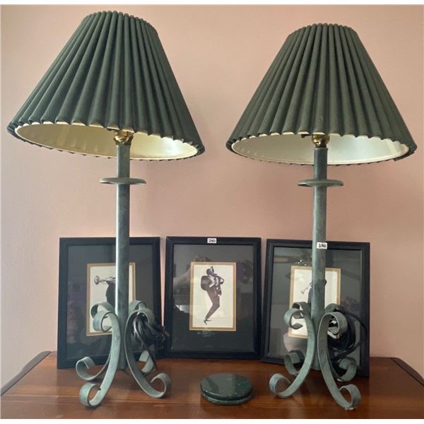 Pair of Sage Green Bedside Lamps 2T w/ Trio of Music Themed Wall Decor