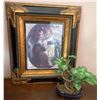 Image 2 : Vintage End Table 24x25 w/ Gold Framed Art Print 12x16 & Artificial Bonsai Tree
