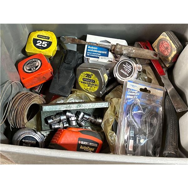 Lot of asst tools, tape measures, sockets, hammers, etc includes stackable bin