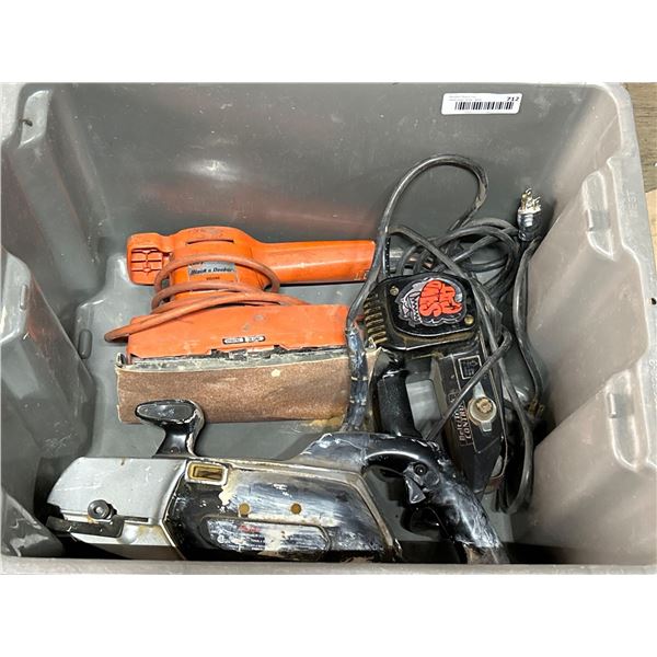 Lot of 3 assorted belt and vibration sanders includes stackable bin