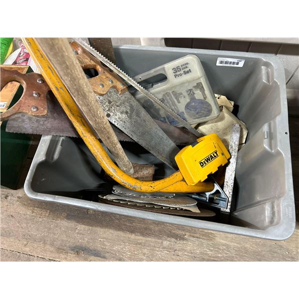 Lot of asst tools saws, bits, blades includes grey staking tote