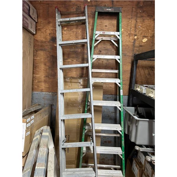 Lot of 2 Ladders 8 ft Green Fiber Glass and 16 ft aluminum extention