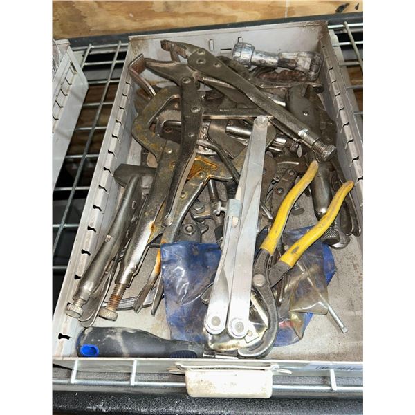 Tray of assorted vice grips, pliers, tools as shown