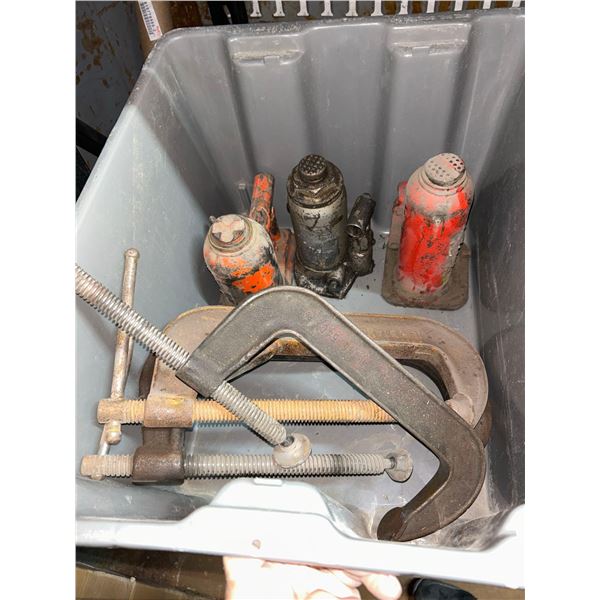 Lot of large C clamps and 3 bottle jacks includes stacking gray tote
