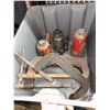 Image 1 : Lot of large C clamps and 3 bottle jacks includes stacking gray tote